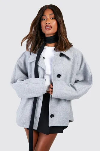 Womens Batwing Collared Wool Look Coat - Grey - 12, Grey