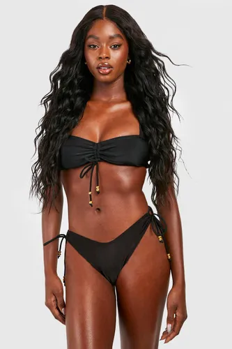 Womens Bead Detail Ruched Strappy Bikini Top - Black - 6, Black