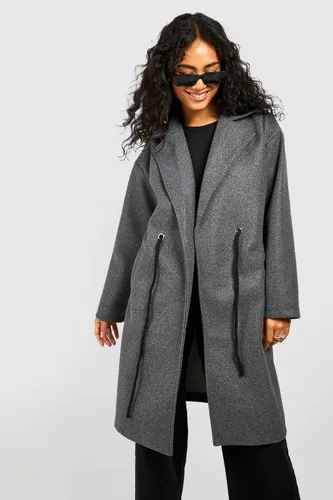 Womens Belt Detail Longline Wool Look Coat - Grey - 8, Grey