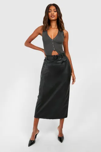 Womens Belted Pu Midaxi Skirt - Black - 6, Black