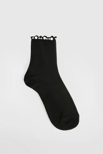 Womens Black Embellished Pearl Socks - One Size, Black