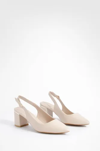Womens Block Heel Pointed Toe Court Shoes - Beige - 3, Beige