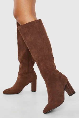Womens Block Wooden Heel Knee High Boots - Brown - 3, Brown