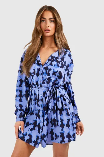 Womens Blur Print Batwing Belted Shirt Dress - Blue - 8, Blue