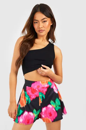 Womens Blurred Floral Jersey Flippy Shorts - Black - 6, Black