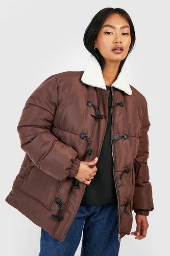 Womens Borg Collar Puffer Jacket - Brown - 8, Brown