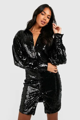 Womens Boutique Sequin Fitted Shirt Dress - Black - 8, Black