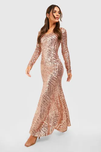 Womens Boutique Sequin Long Sleeve Maxi Bridesmaid Dress - Beige - 14, Beige