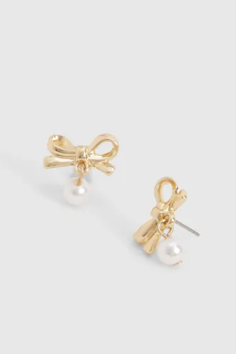 Womens Bow & Pearl Drop Earrings - Gold - One Size, Gold