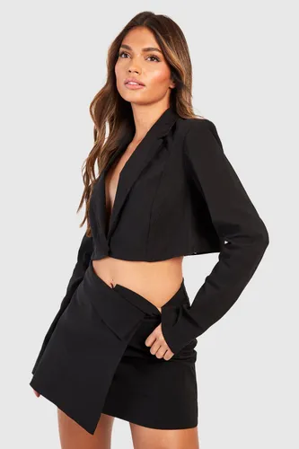 Womens Boxy Cropped Blazer & Waist Detail Mini Skirt - Black - 10, Black