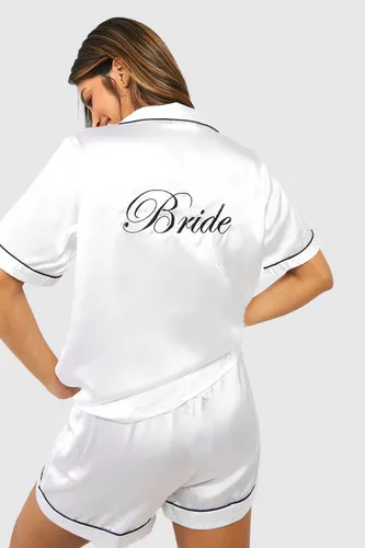 Womens Bride Satin Embroidered Pj Short Set - White - 8, White