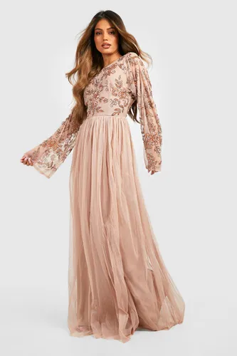 Womens Bridesmaid Hand Embellished Long Sleeve Maxi Dress - Pink - 6, Pink