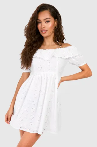 Womens Broderie A-Line Mini Dress - White - 8, White