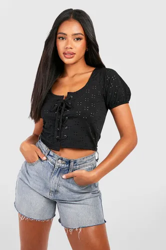 Womens Broderie Jersey Lace Up Crop Top - Black - Xs, Black