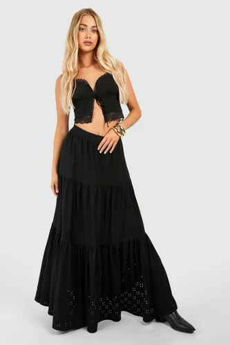 Womens Broderie Tiered Maxi Skirt - Black - 6, Black