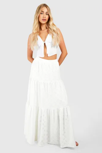 Womens Broderie Tiered Maxi Skirt - White - 6, White