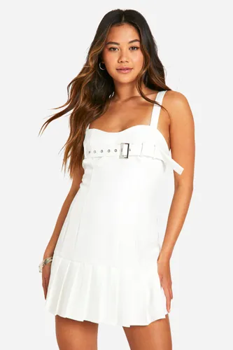Womens Buckle Detail Pleated Pep Hem Mini Dress - White - 8, White