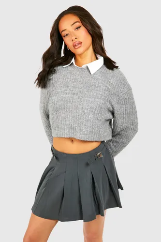 Womens Buckle Detail Pleated Skirt - Grey - 6, Grey