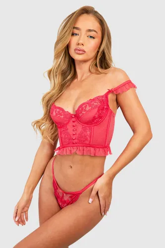 Womens Button Detail Corset And Thong Set - Red - L, Red