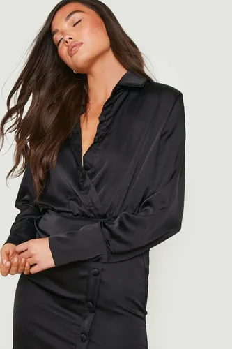 Womens Button Detail Satin Shirt Dress - Black - 12, Black