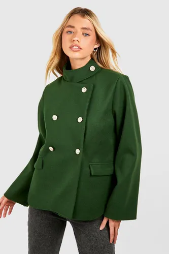 Womens Button Detail Wool Look Short Coat - Green - 8, Green