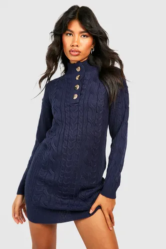 Womens Button Neckline Cable Knitted Jumper Dress - Navy - S, Navy