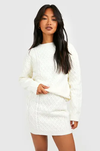 Womens Cable Jumper And Mini Skirt Knitted Co-Ord - White - 12, White
