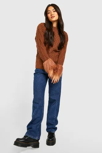 Womens Cable Knit Faux Fur Cuff Jumper - Brown - S, Brown