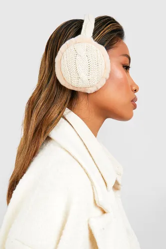 Womens Cable Knit Faux Fur Ear Muff - White - One Size, White