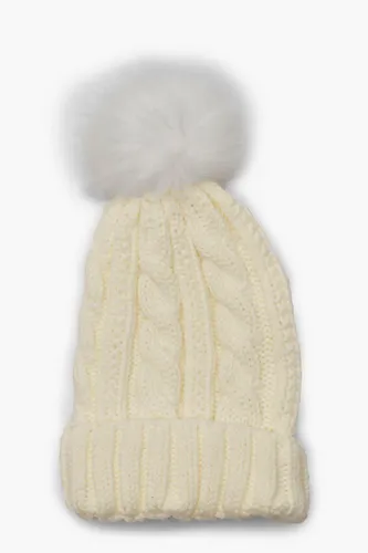 Womens Cable Knit Faux Pom Beanie - White - One Size, White