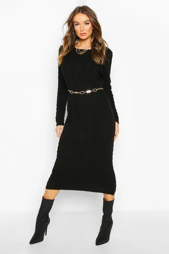 Womens Cable Knit Midi Dress - Black - S, Black