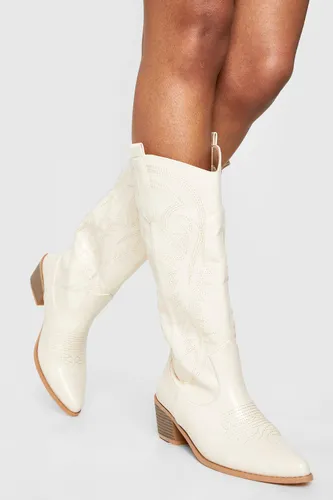 Womens Calf Detail Embroidered Western Cowboy Boots - Beige - 7, Beige