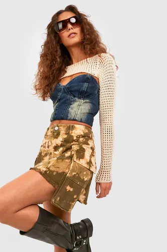 Womens Camo Print Cargo Pocket Denim Mini Skirt - Beige - 6, Beige