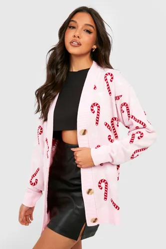 Womens Candy Cane Christmas Cardigan - Pink - L, Pink