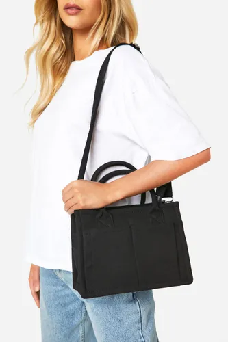 Womens Canvas Front Pocket Tote Bag - Black - One Size, Black