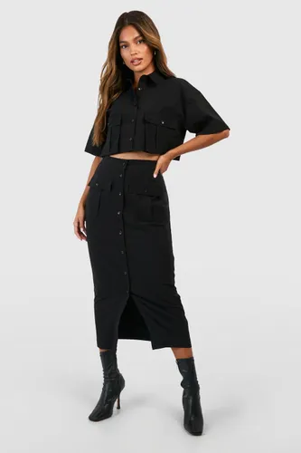 Womens Cargo Pocket Split Front Midaxi Skirt - Black - 6, Black