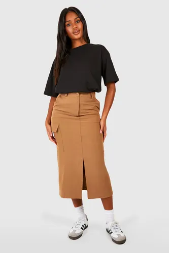 Womens Cargo Pocket Split Front Tailored Midaxi Skirt - Beige - 6, Beige