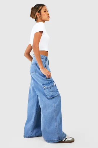 Womens Cargo Pocket Wide Leg Jeans - Blue - 12, Blue