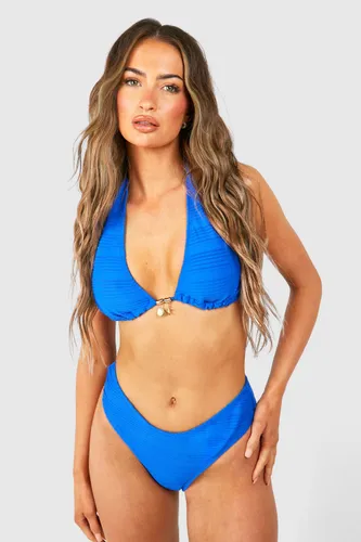 Womens Charm Trim Textured Triangle Bikini Set - Blue - 6, Blue