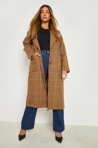 Womens Check Wool Look Coat - Brown - 8, Brown