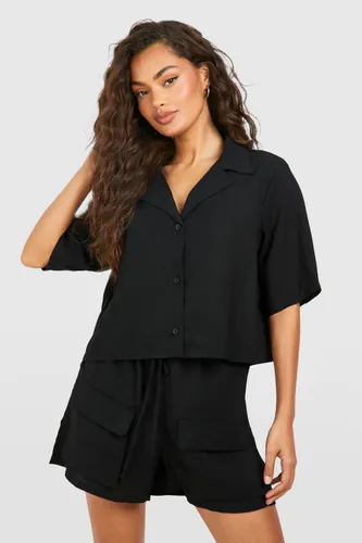 Womens Cheesecloth Cropped Shirt & Shorts Set - Black - 6, Black