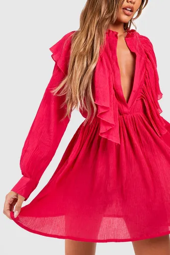 Womens Cheesecloth Ruffle Plunge Beach Shirt Dress - Pink - S, Pink