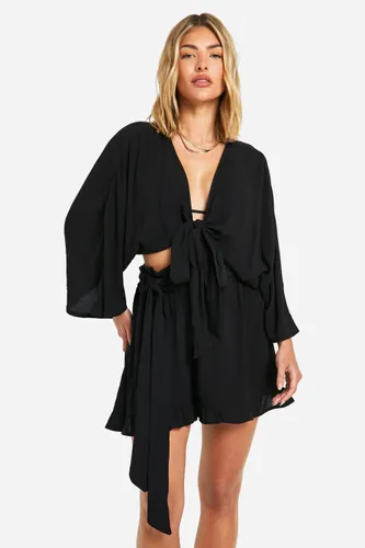 Womens Cheesecloth Tie Front Beach Shirt - Black - S, Black