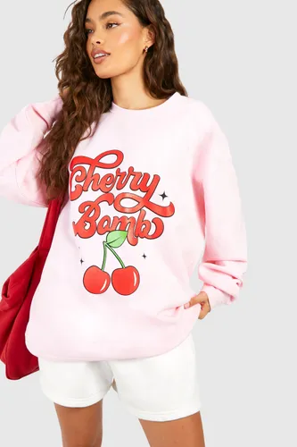 Womens Cherry Bomb Slogan Printed Oversized Sweatshirt - Pink - S, Pink