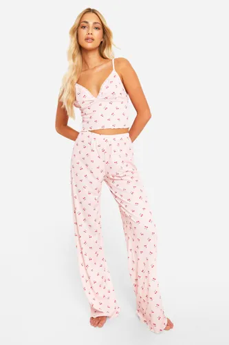 Womens Cherry Print Cami And Trouser Pyjama Set - Pink - 6, Pink