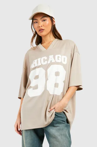 Womens Chicago 98 Slogan Airtex Mesh Oversized T-Shirt - Beige - S, Beige