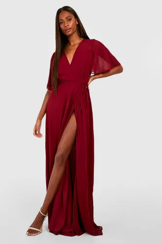 Womens Chiffon Angel Sleeve Wrap Maxi Bridesmaid Dress - Red - 8, Red