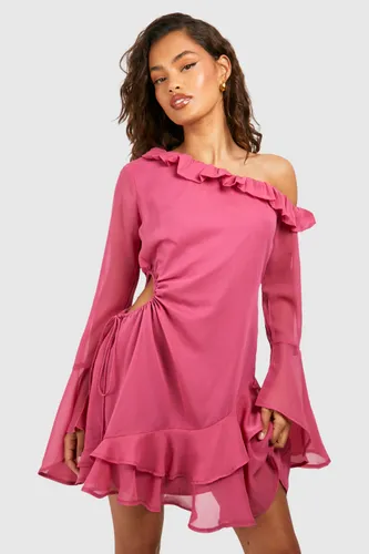 Womens Chiffon Asymmetric Ruffle Mini Dress - Pink - 8, Pink