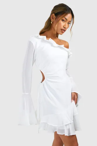Womens Chiffon Asymmetric Ruffle Mini Dress - White - 10, White