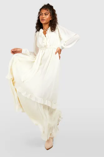Womens Chiffon Boho Ruffle Detail Maxi Dress - White - 18, White